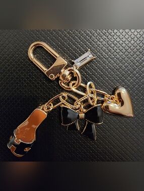 Gold-tone Black Bow & Charm Keychain
